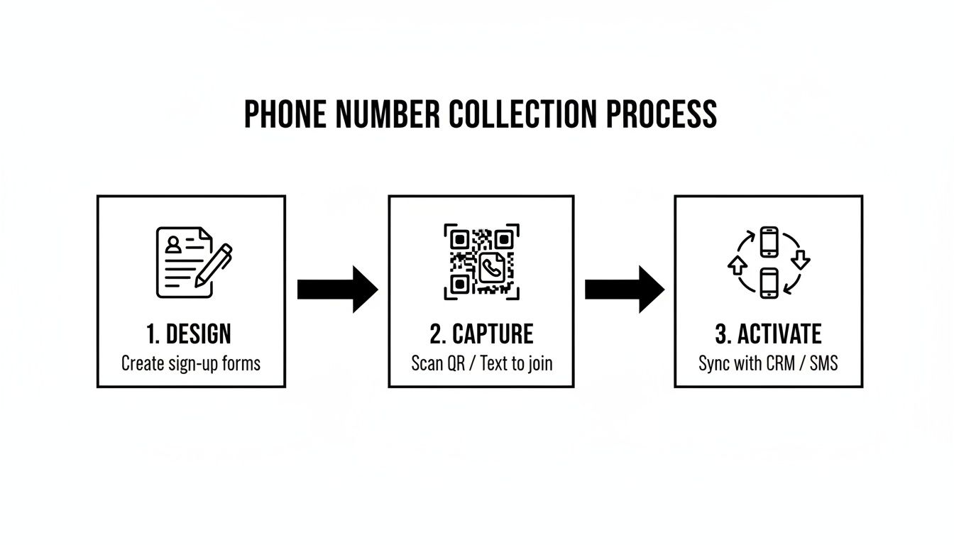 Flowchart illustrating the three-step process for collecting phone numbers: design forms, capture via QR, and activate sync.