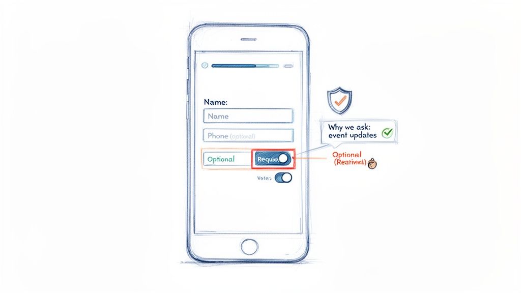 Smartphone form for name and phone number, with optional/required toggle, explained for event updates.