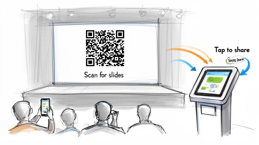 Audience members scan a QR code for slides, while an interactive kiosk offers content sharing.