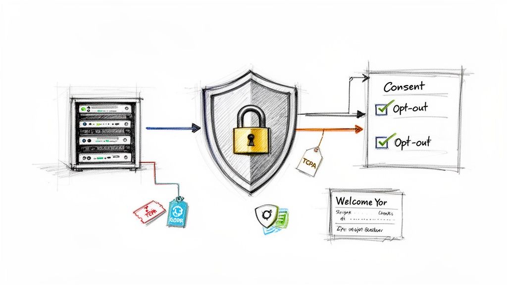 Diagram illustrating data privacy, security, consent management, and compliance with GDPR and TCPA regulations.