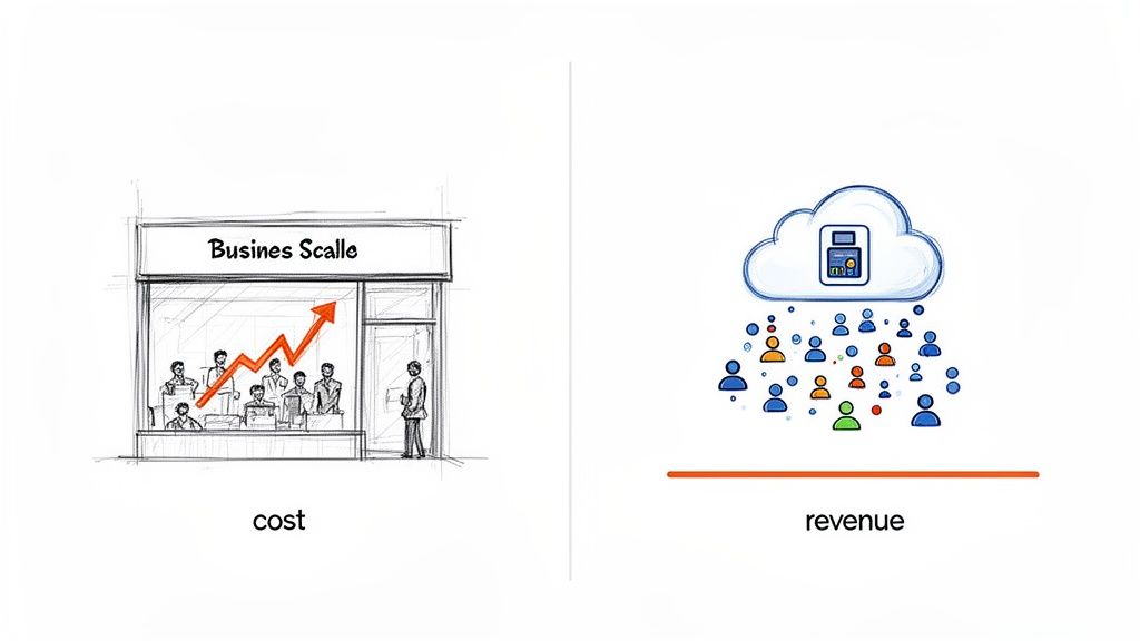 Illustration comparing traditional business growth with rising costs to cloud-based revenue generation from many users.