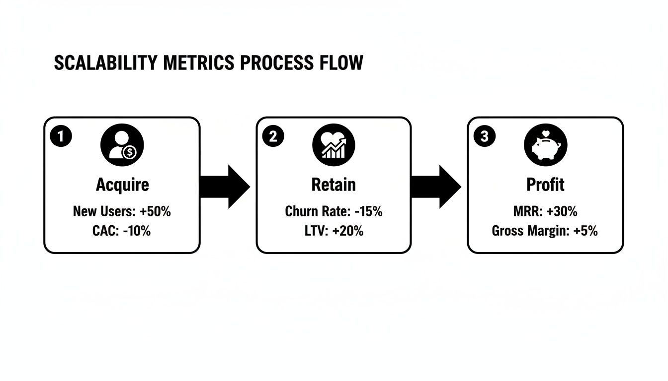 Scalability metrics process flow diagram showing steps for user acquisition, retention, and profit.