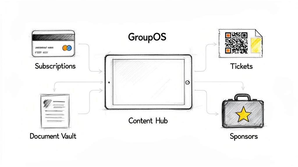 Diagram showing GroupOS Content Hub integrating subscriptions, tickets, document vault, and sponsors.