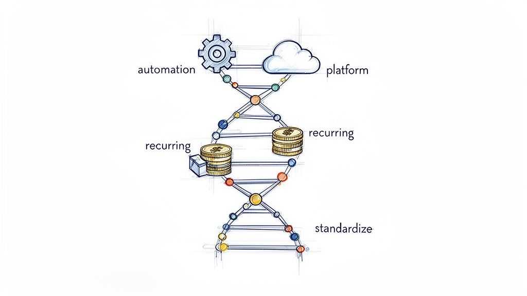 A DNA-like helix illustrating key business model components: automation, platform, recurring revenue, and standardization.
