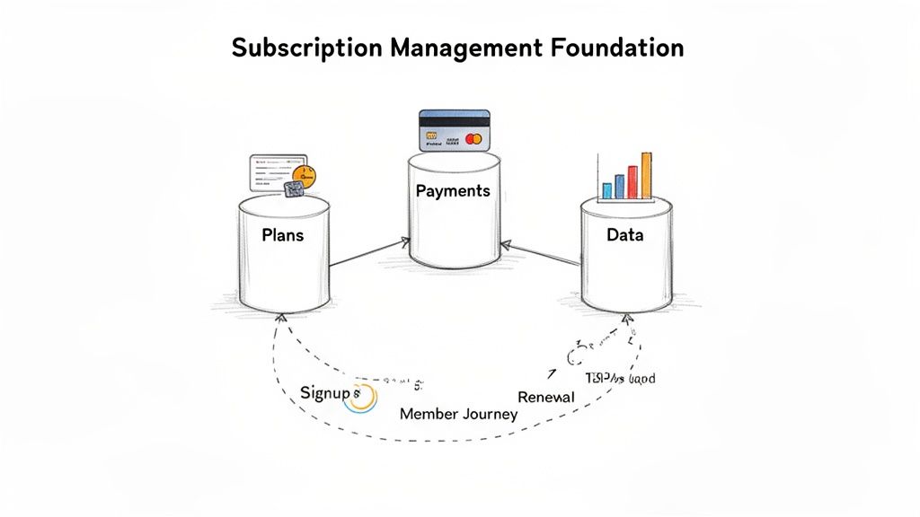 An architectural diagram illustrating the core components of subscription management: plans, payments, and data, with a member journey flow.