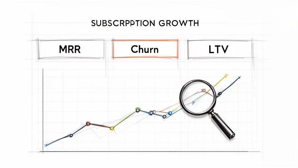 A sketch-style image depicting subscription growth, showing MRR, Churn, and LTV metrics on a rising line graph with a magnifying glass.
