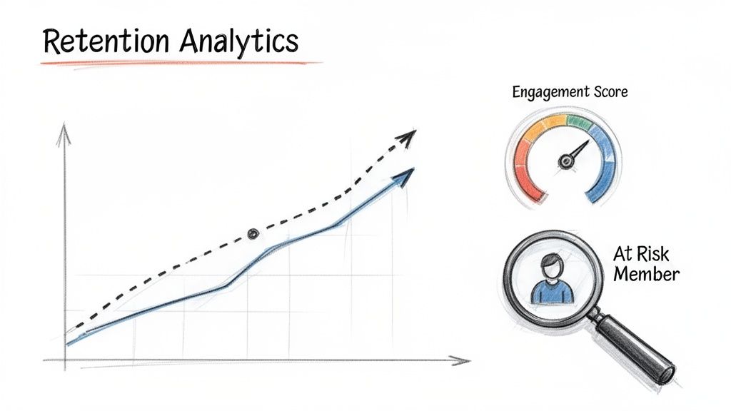 Diagram illustrating retention analytics, featuring a growth chart, engagement score meter, and a magnifying glass identifying an at-risk member.