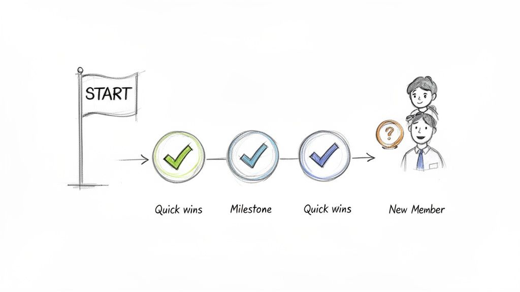 A progress timeline shows steps from start, through quick wins, a milestone, leading to a new team member.
