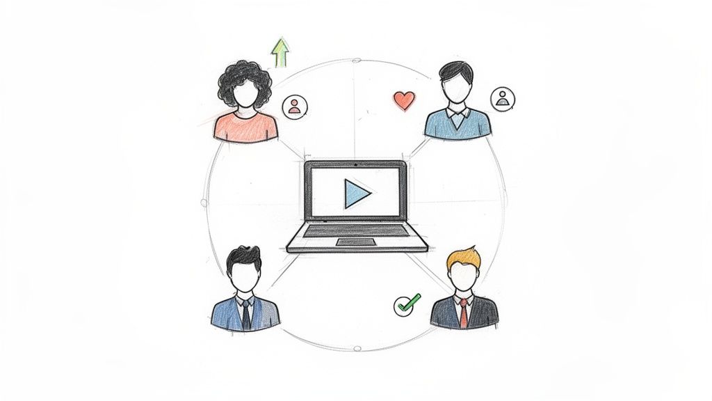 A laptop with a play button central to four diverse user avatars interacting in an online course network.