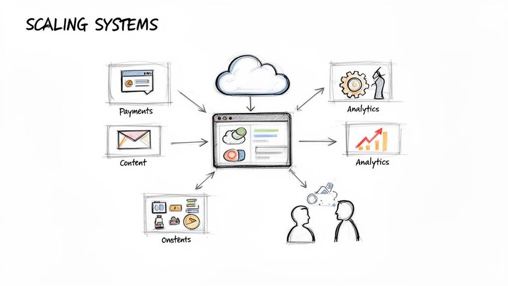 A diagram illustrating a central system scaling by integrating with payments, content, analytics, and users.