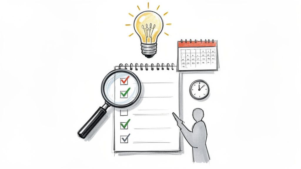 Illustration of a lightbulb, notepad with checklist, magnifying glass, calendar, clock, and person.