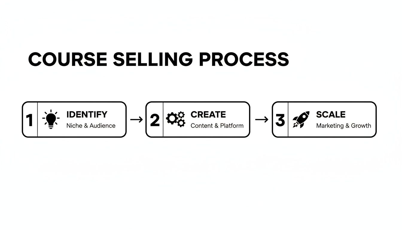 A flowchart illustrating the 3-step course selling process: Identify, Create, Scale.