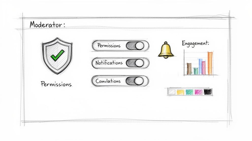 A hand-drawn sketch of a moderator dashboard with permission toggles, notifications, and engagement metrics.