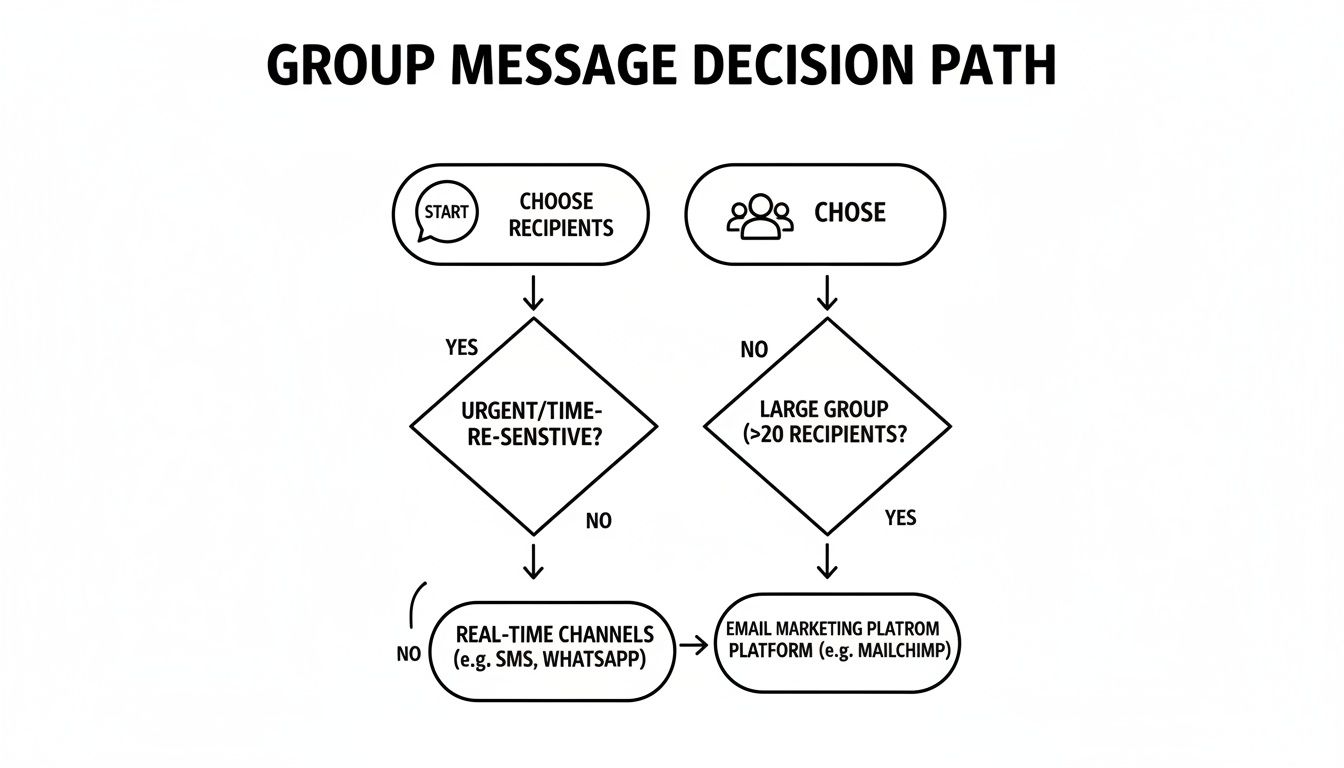 A flowchart outlining the decision path for sending group messages based on urgency and group size.