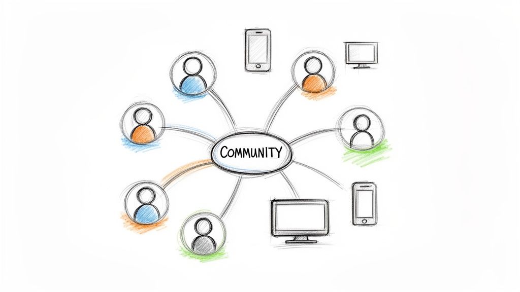 A hand-drawn diagram illustrating a central "Community" connected to diverse users and their digital devices.