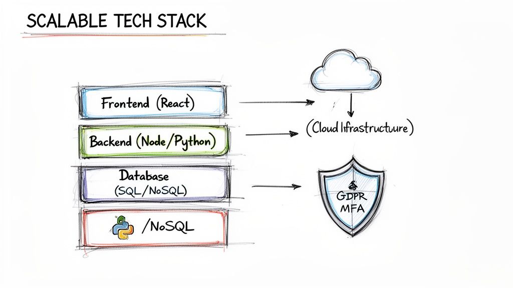 A hand-drawn diagram illustrating a scalable tech stack for modern web applications, including frontend, backend, database, and cloud infrastructure.