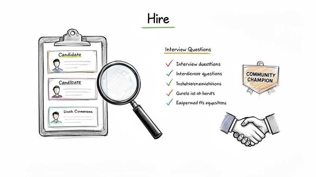 Illustrative image showing hiring process, candidate review, interview questions, a 'Community Champion' badge, and a handshake.