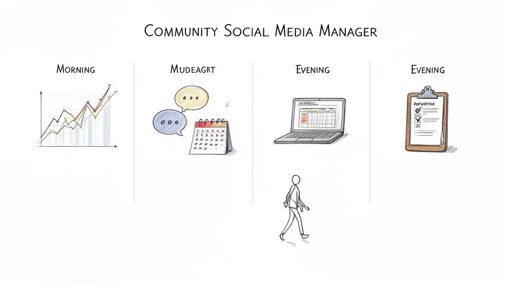 Illustrated daily routine of a Community Social Media Manager, showing analytics, scheduling, and reporting.