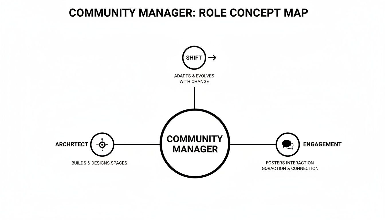 A concept map illustrating the Community Manager role, highlighting aspects of shift, architect, and engagement.