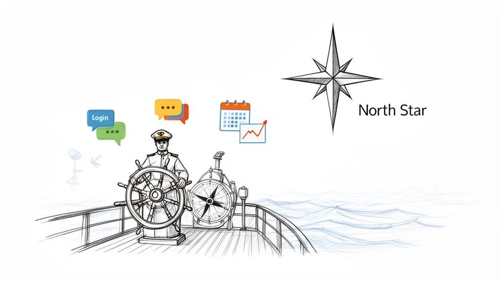 A determined captain steers a ship, guided by a compass, digital metrics, and the North Star.