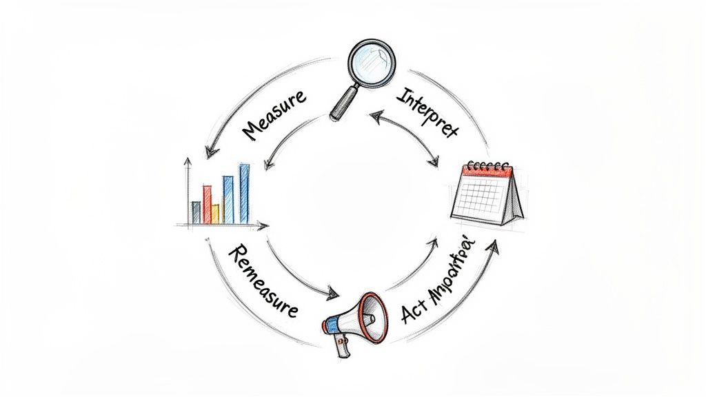 A hand-drawn diagram illustrating a continuous improvement cycle of measure, interpret, act, and remeasure.