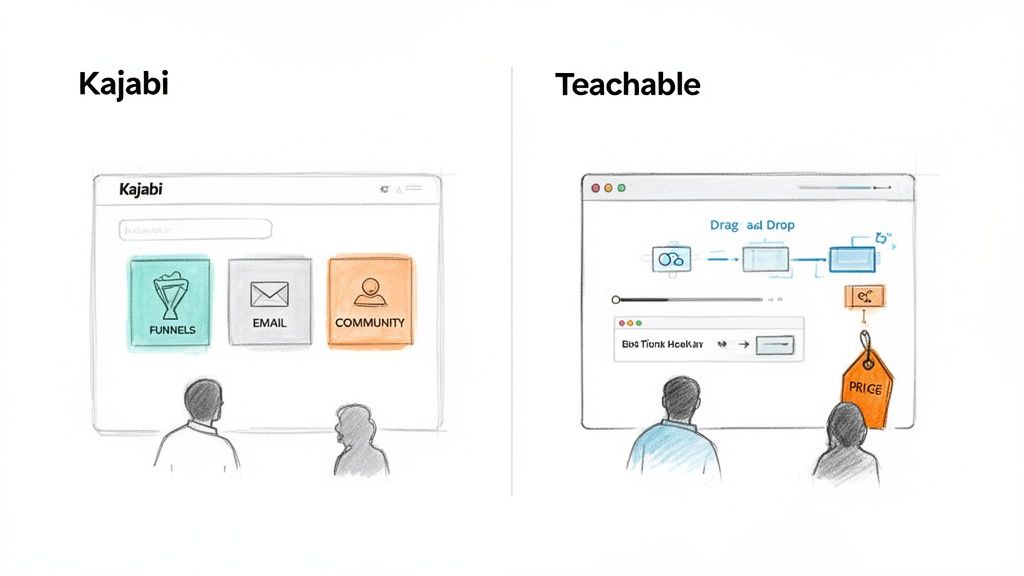 Conceptual drawing comparing Kajabi's integrated marketing tools (funnels, email, community) with Teachable's course builder and pricing.