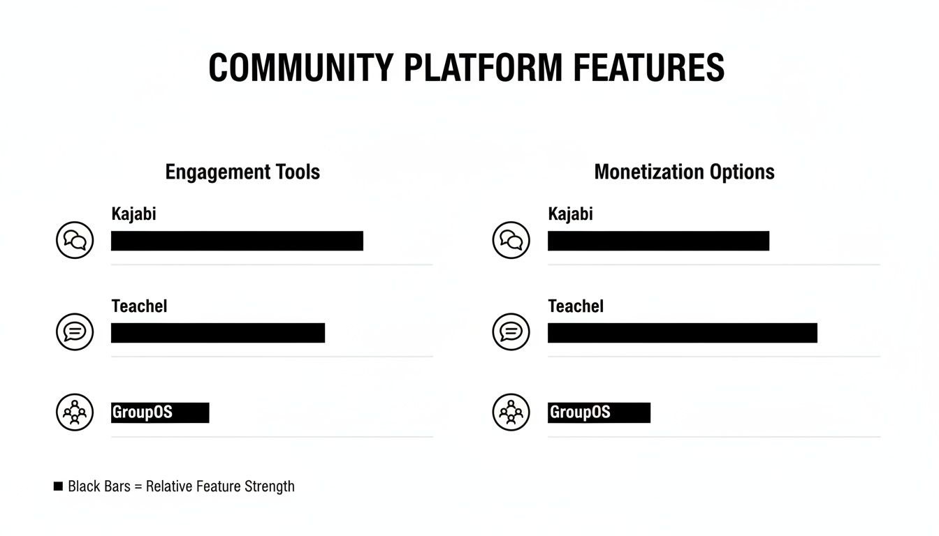 Bar chart comparing engagement tools and monetization options across Kajabi, Teachel, and GroupOS platforms.