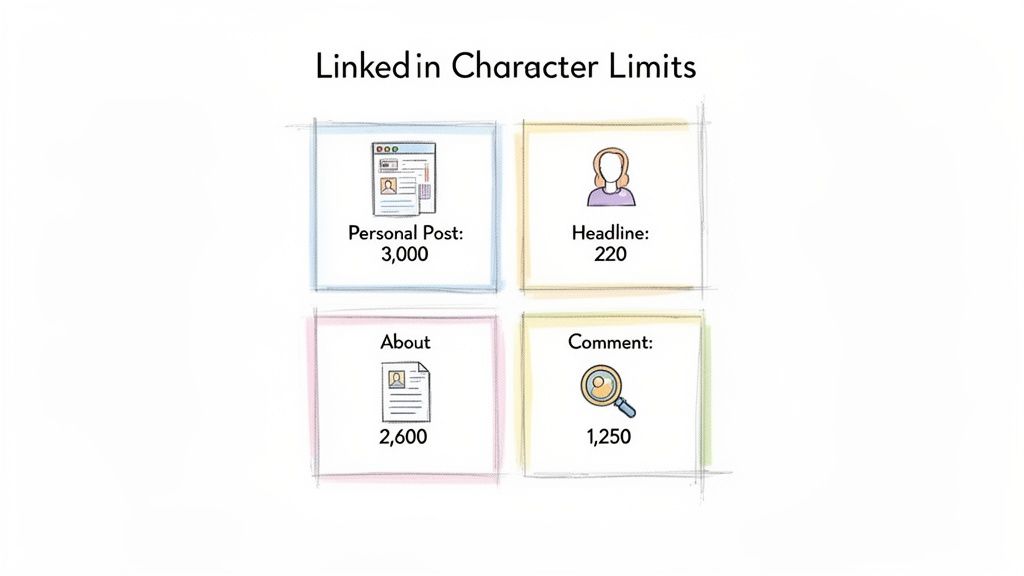Infographic details LinkedIn character limits for personal posts, headlines, about sections, and comments.