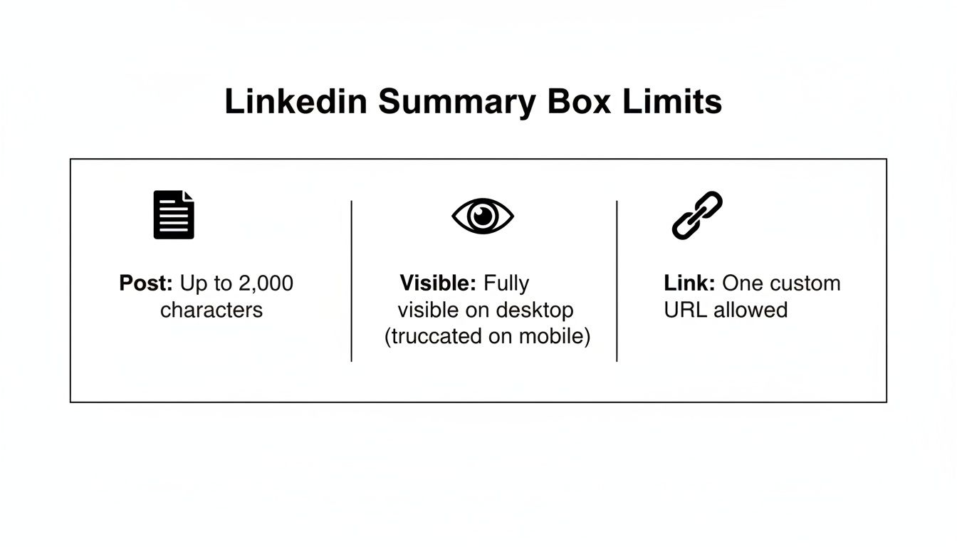 Infographic detailing LinkedIn summary box limits for post characters, visibility, and custom URLs.