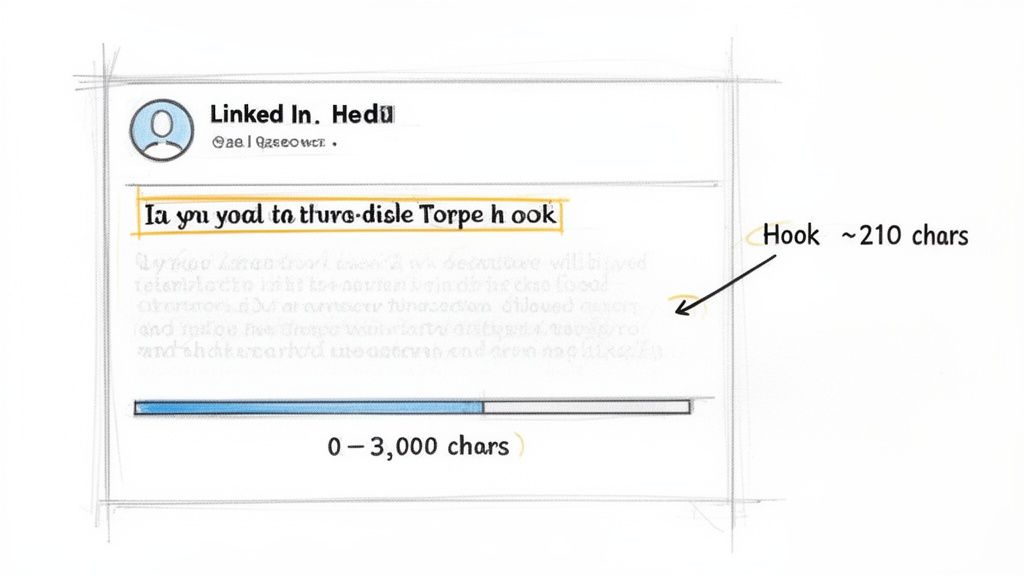 A detailed sketch illustrating LinkedIn post character limits, highlighting a hook section and overall post length.