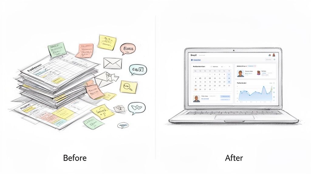 Before and after image contrasting a cluttered desk with papers against a clean laptop dashboard.