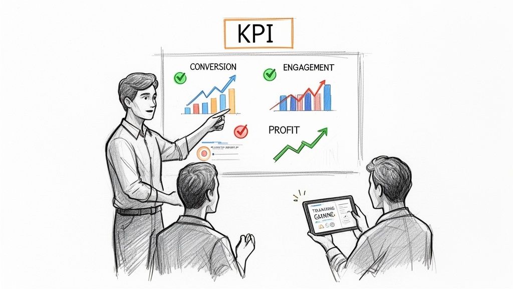 A man presents Key Performance Indicators (KPIs) for conversion, engagement, and profit to colleagues in a training session.