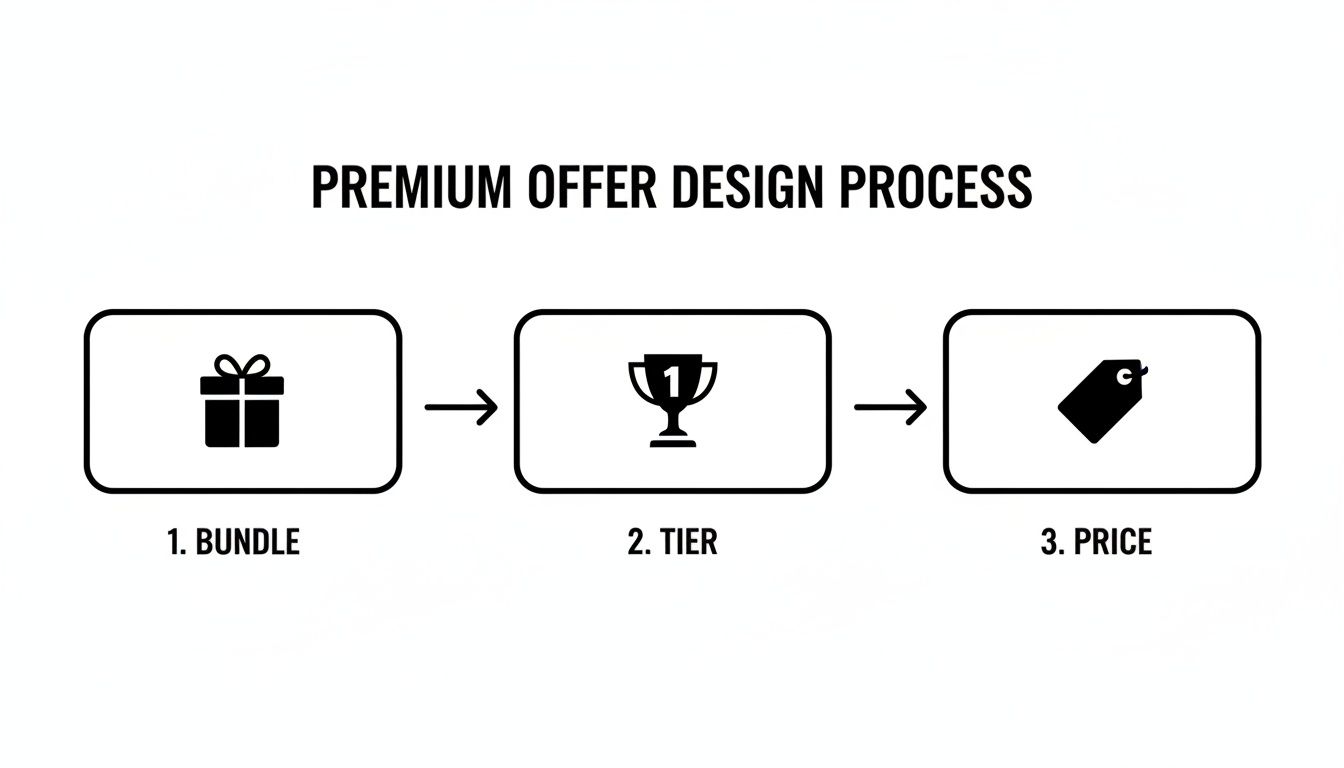 A process flow diagram outlines the premium offer design with steps: bundle, tier, and price.