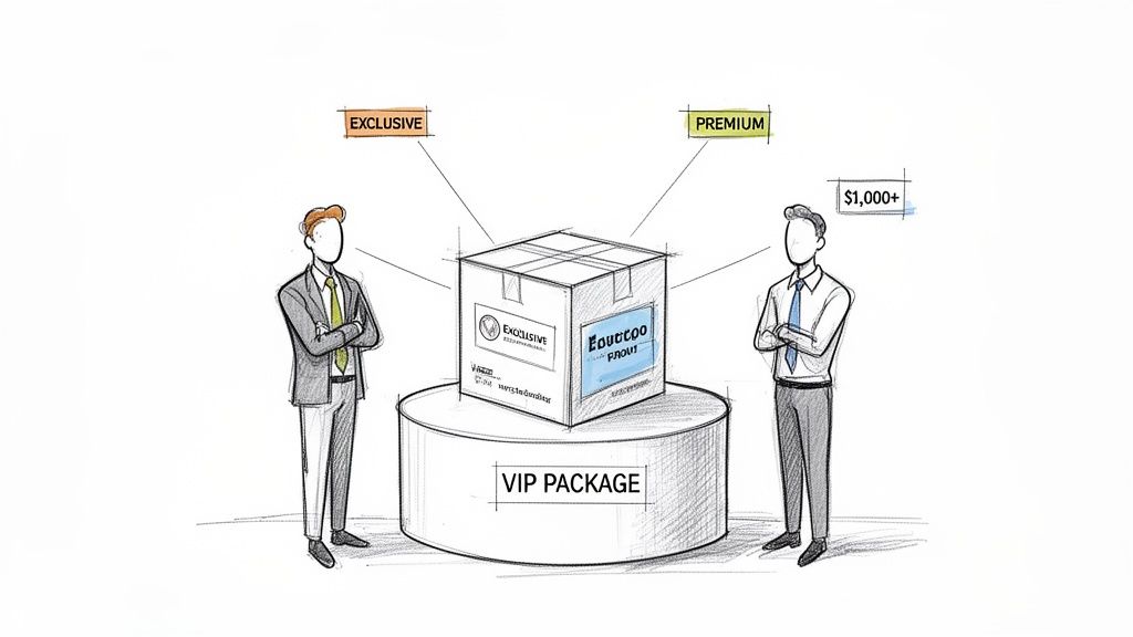 Two businessmen discuss an exclusive VIP package with premium features and a $1,000+ value.