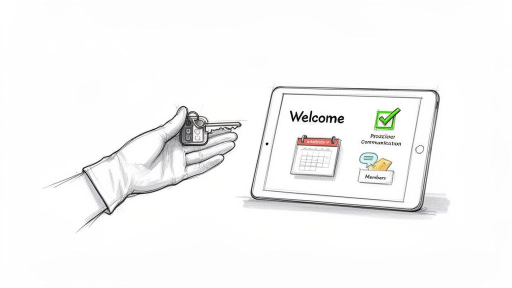 A hand holds car keys next to a tablet displaying welcome, calendar, communication, and member features.