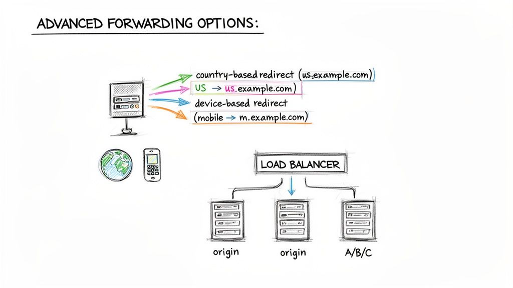Advanced forwarding options diagram showing redirects by country, device, and load balancing across servers.