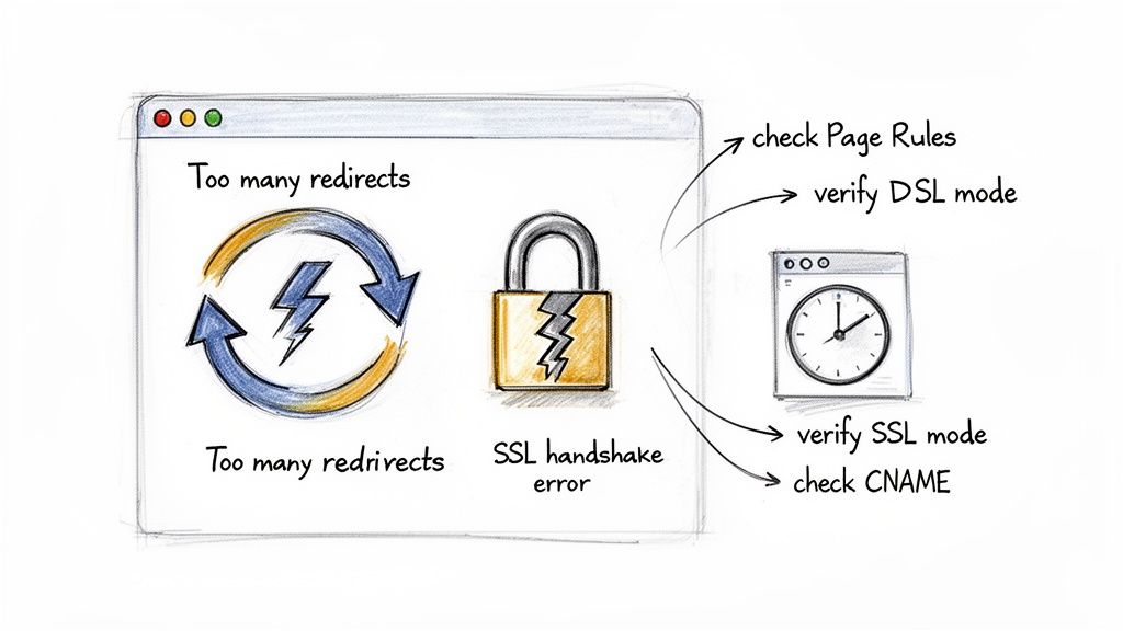 Diagram illustrating common website errors: too many redirects and SSL handshake error, with troubleshooting steps.