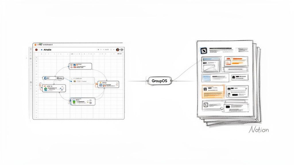An integration diagram shows Airtable data flowing through GroupOS to update multiple Notion pages with various content types.