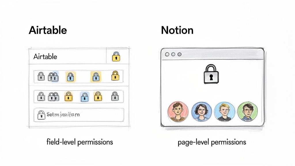 A comparison image showing Airtable with field-level permissions and Notion with page-level permissions.