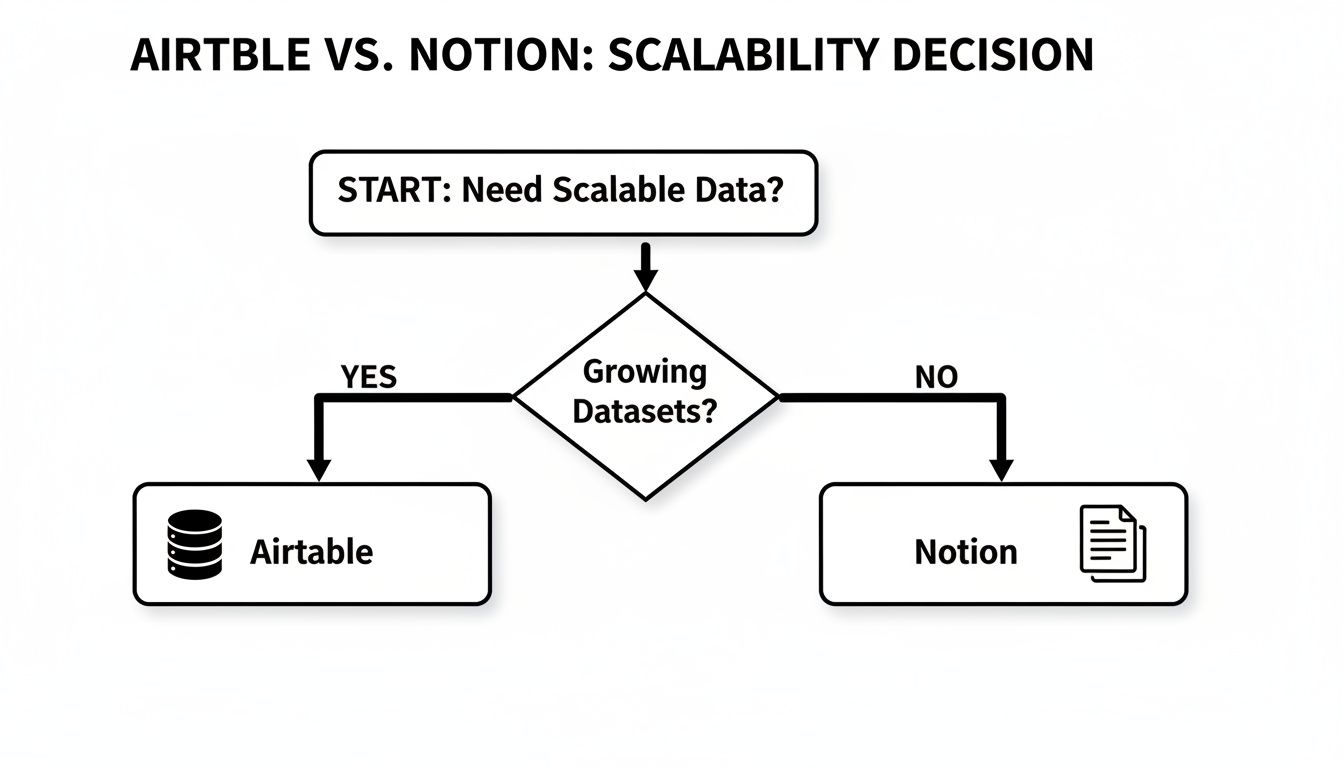 Decision flowchart for choosing between Airtable and Notion based on data scalability and growth.