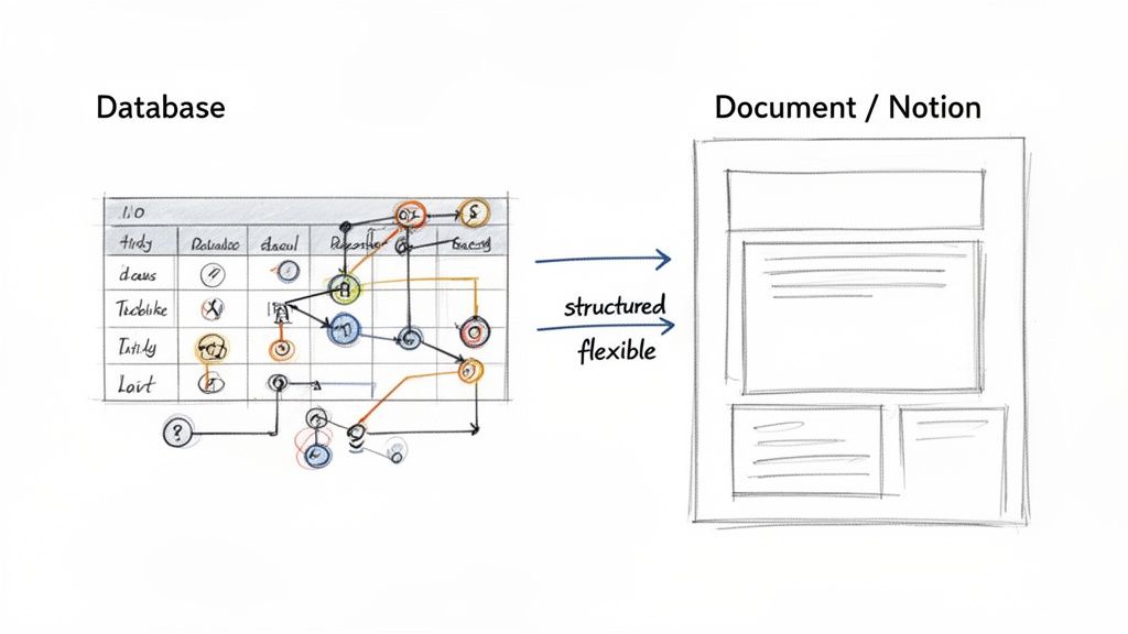 Diagram illustrating the transformation from a structured database table to a flexible document or Notion page.