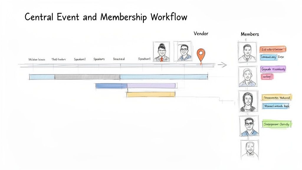 A hand-drawn diagram illustrating a central event and membership workflow with a timeline, vendors, and members.