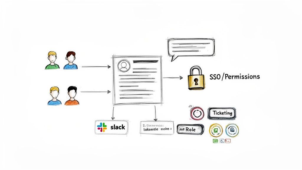 Workflow diagram illustrating user profiles, SSO, permissions, roles, and integrations with various applications like Slack and ticketing.