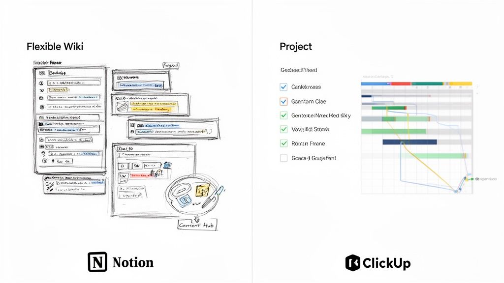 A side-by-side comparison showing Notion's flexible wiki and ClickUp's project management features.