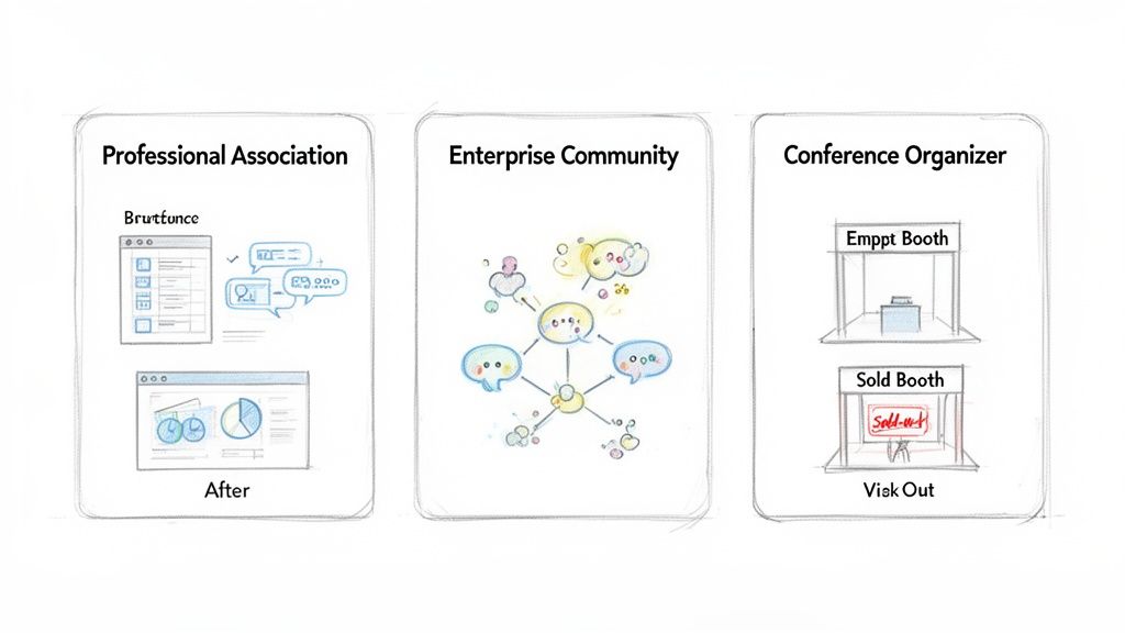 Visual representation of professional association management, enterprise community platforms, and conference organizer tools.