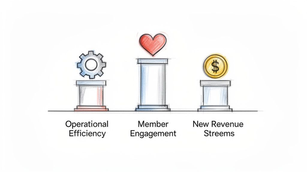 Three pedestals with icons representing business priorities: operational efficiency, member engagement, and new revenue streams.