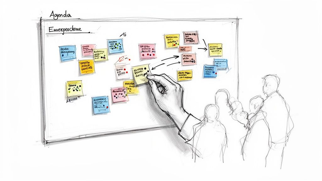 A hand places a sticky note on a whiteboard, surrounded by other notes and observers.