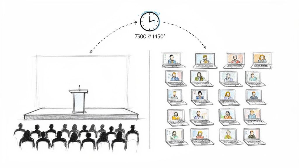 Illustration showing a traditional in-person conference setup next to a grid of virtual attendees on laptops.