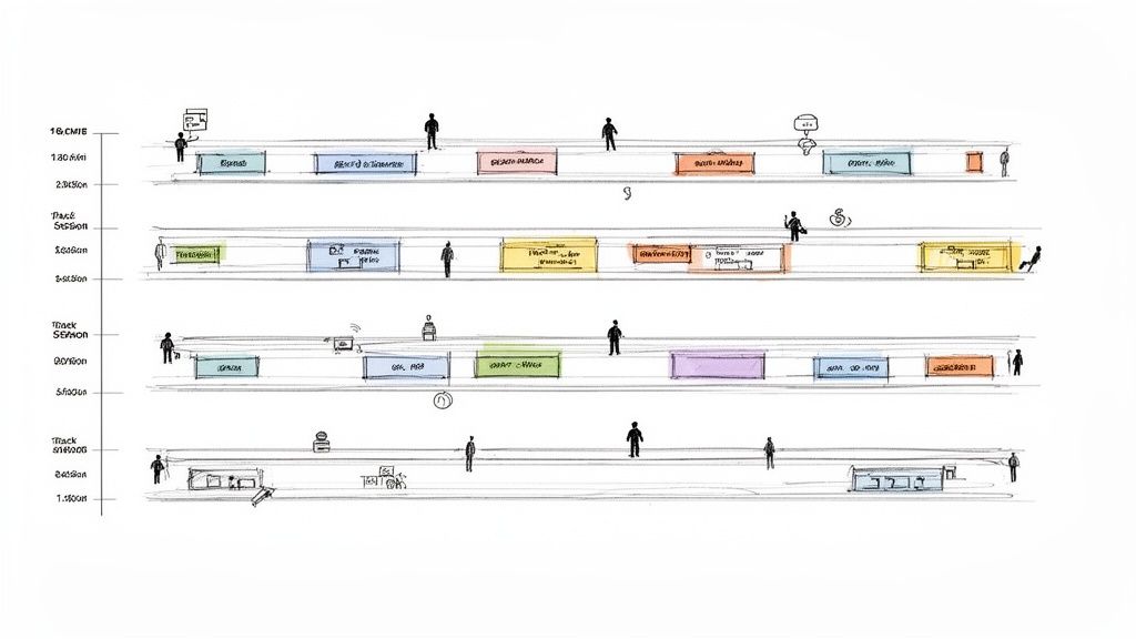 A hand-drawn event schedule showing four horizontal tracks with colored blocks representing various sessions and presentations.