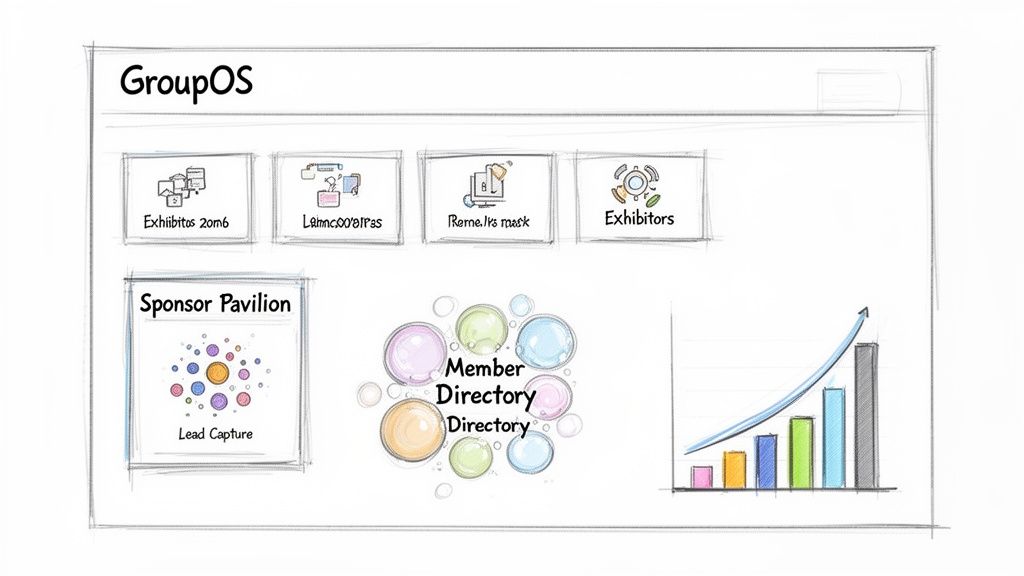 A GroupOS application dashboard sketch showing modules for exhibitors, sponsors, member directory, and a growth chart.